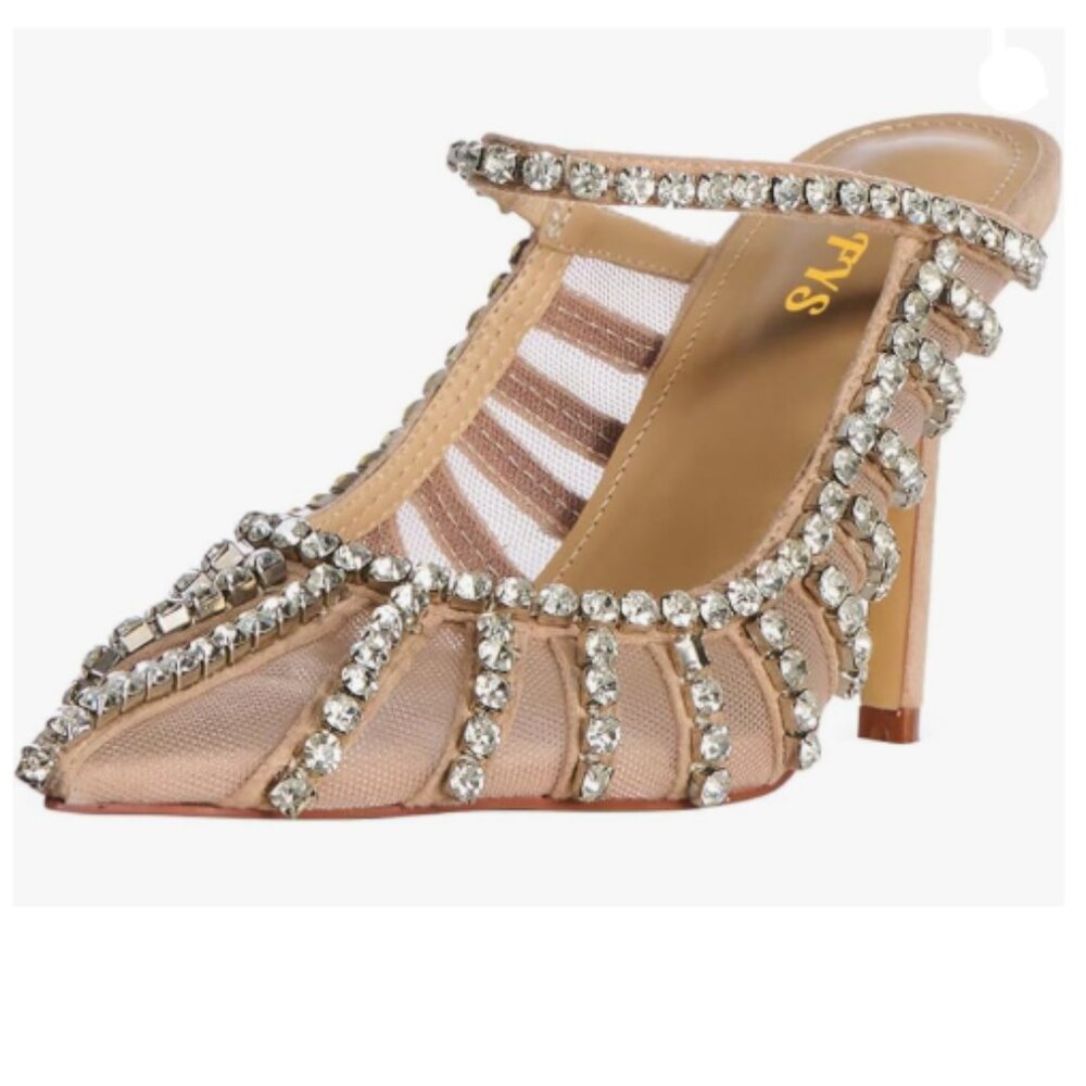 FYS Nude Pointed Toe Slip on Mules Rhinestone Studded Stiletto High Heel Sandals